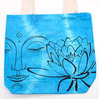 Tye-Dye Cotton Bag (6oz) - 38x42x12cm - Lotus Buddha - Blue - Natural Handle Dress Loud