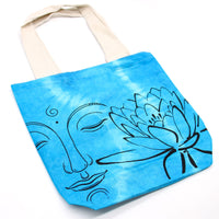 Tye-Dye Cotton Bag (6oz) - 38x42x12cm - Lotus Buddha - Blue - Natural Handle Dress Loud