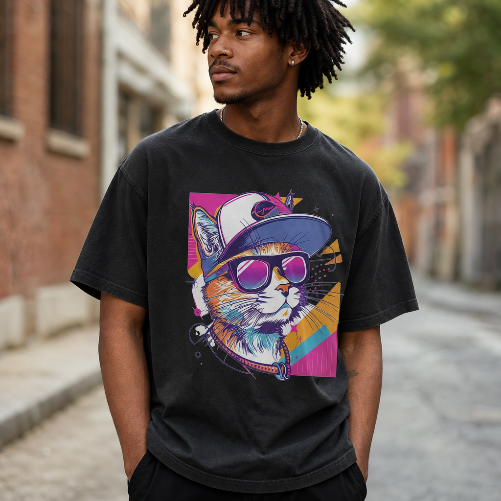 Cool Cat Snapback Shades Retro 80s Neon Design