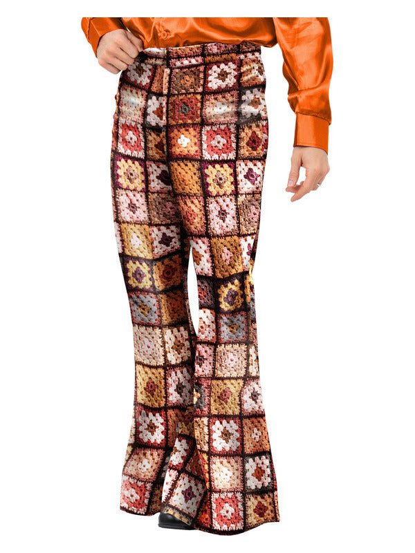 Mens 60s Vintage Crochet Print Flared Trousers Dress Loud